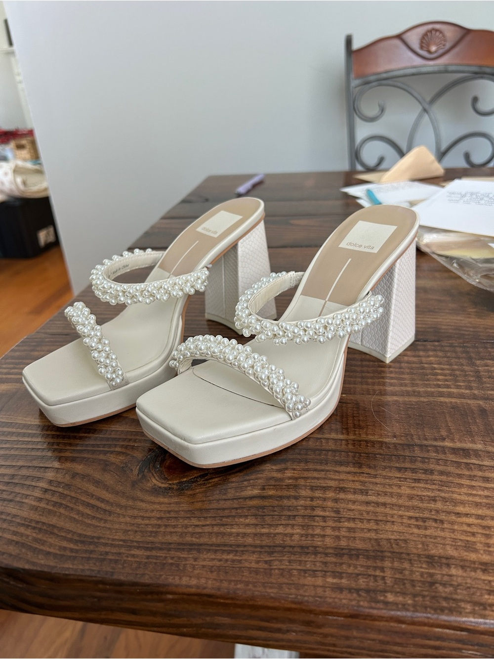 Dolce Vita Cream Pearl-Strap Block Heel Sandals